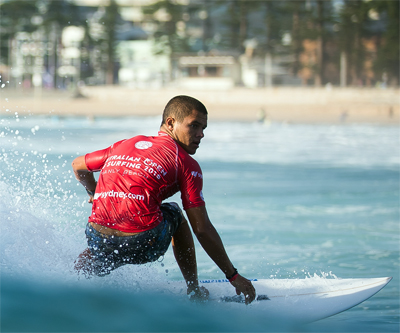 Mateia Hiquily of Tahiti has a top round on day six of the Australian open of Surfing at Manly