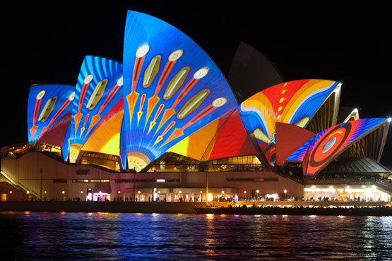 Sydney Opera House looks lihke a brightly coloured butterfly during the Vivid Sydney light festival