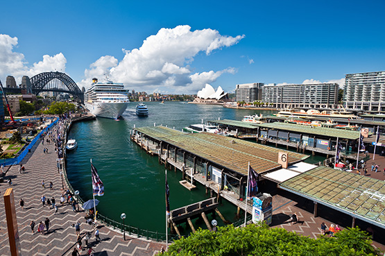 An ocean Liner cruise ship sits docked at Circular Quay's Overseas Passenger terminal, Sydney