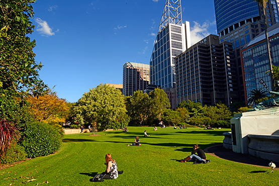 City workers enjoy their lunctime break in the Sydney Royal Botanic Gardens